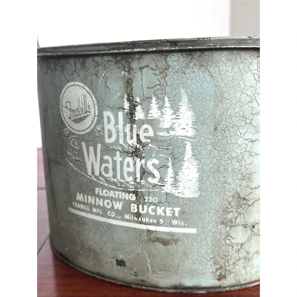 VTG Frabill Blue Waters Floating 220 Oval Metal Minnow Bucket Cabin Decor USA